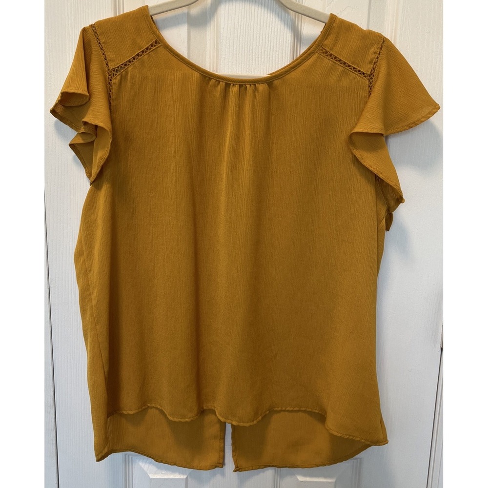 OLM Blouse Top Womens XL Mustard Yellow Scoop Neck Back Slit Flutter Sleeve